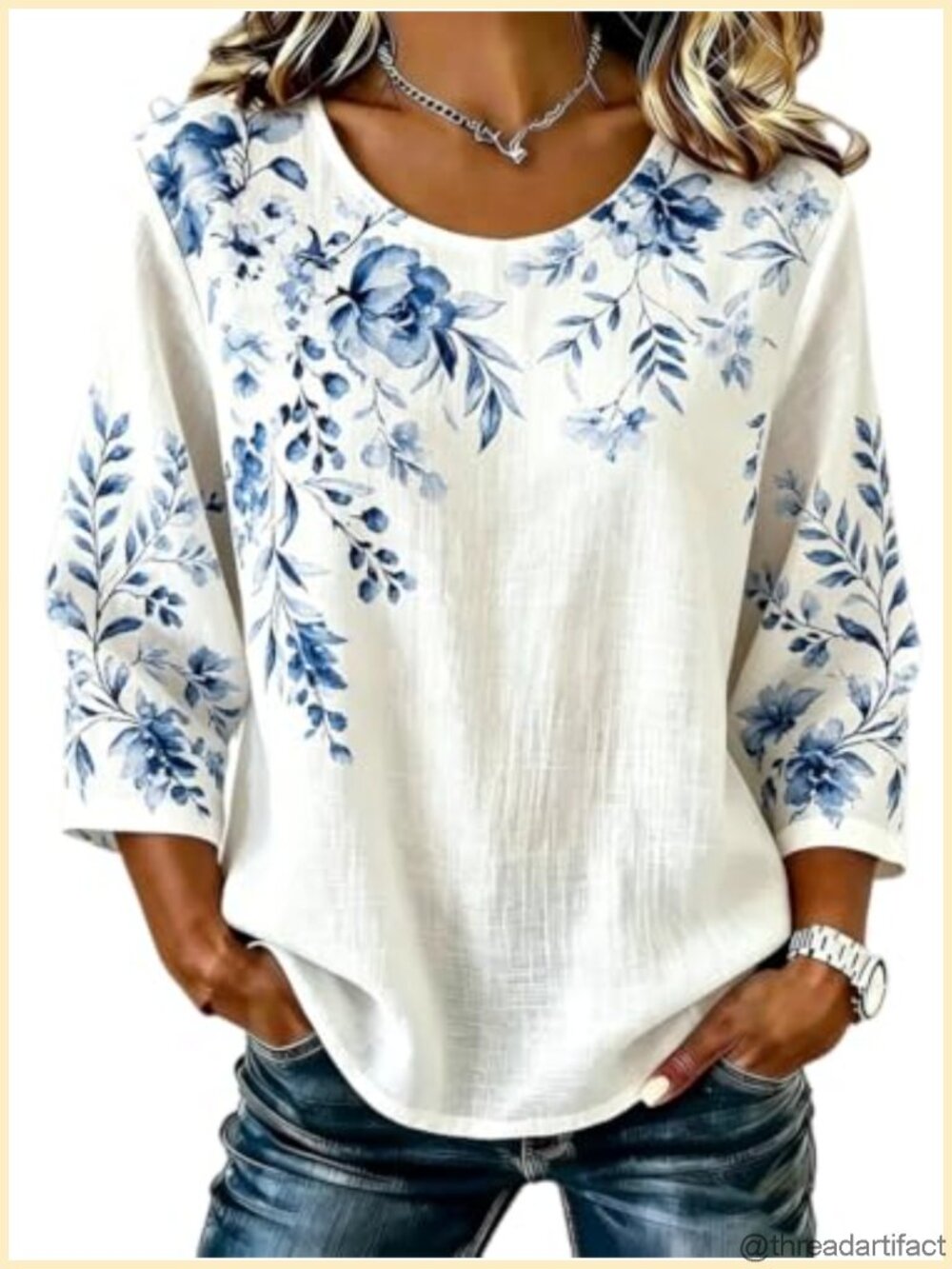 Vintage Floral Print Blouse 3/4 Sleeve Crew Neck Loose Fit Tunic Shirt